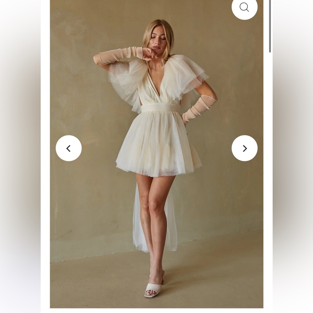Adrienne Tulle Bow Train Babydoll Mini Dress